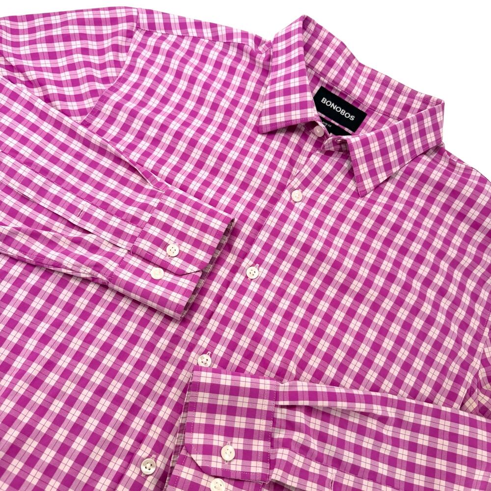 Bonobos Slim Fit Men's L Button Down Shirt Pink‎ Purple Gingham Check Stretch